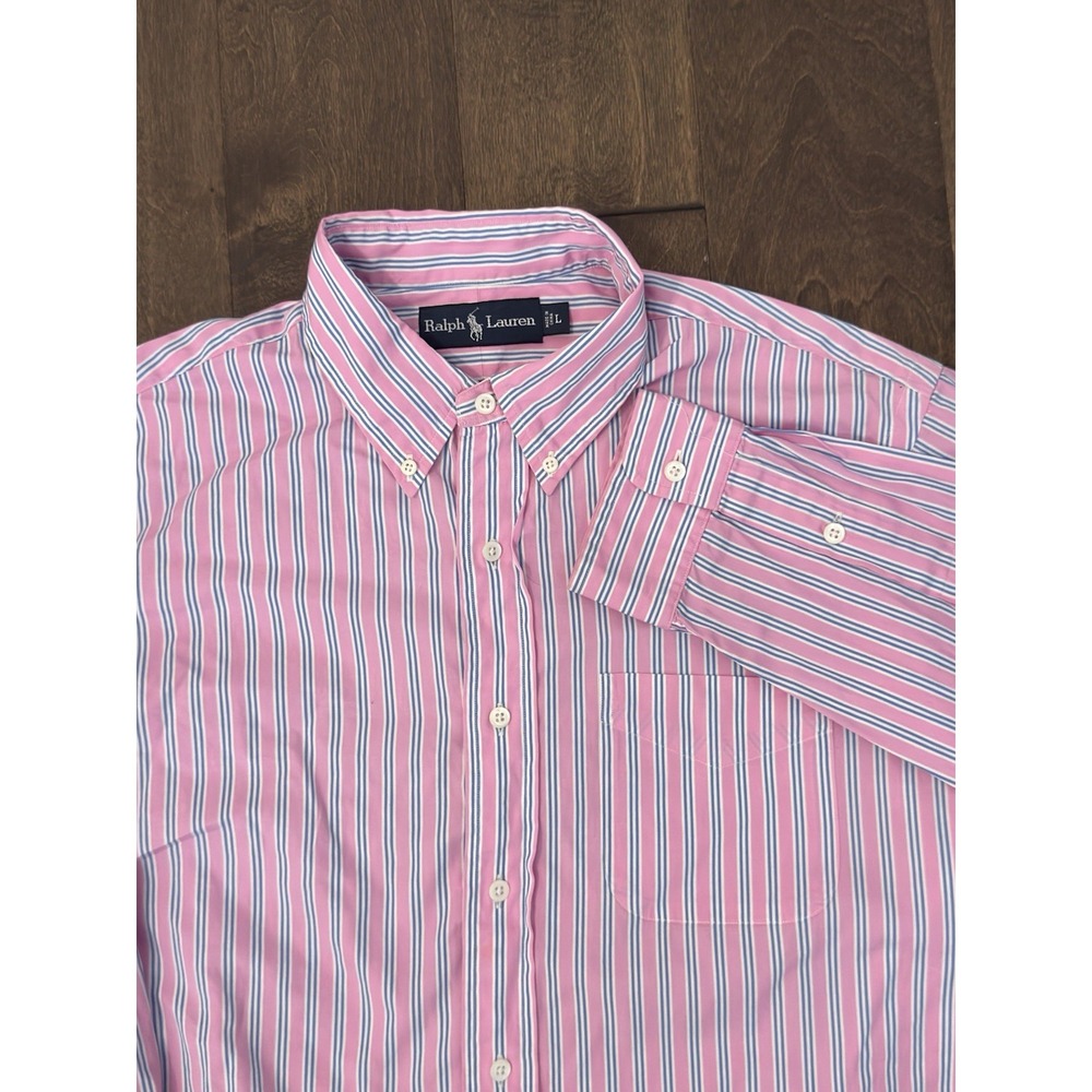 Vintage Ralph Lauren Mens Button Down Classic Fit Pink Stripe Shirt Size Large
